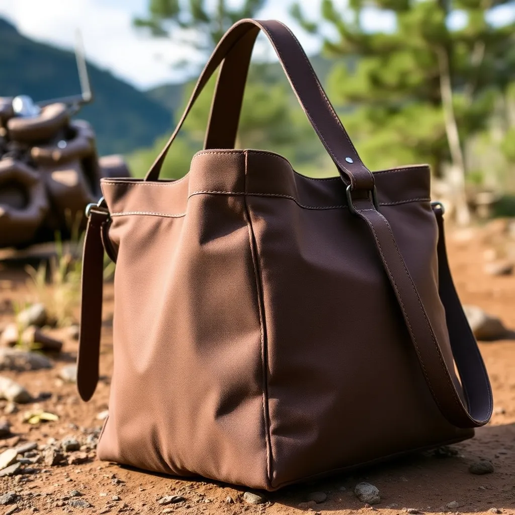 a tote bag with thick, padded straps and reinforced stitching, shown in a rugged outdoor setting