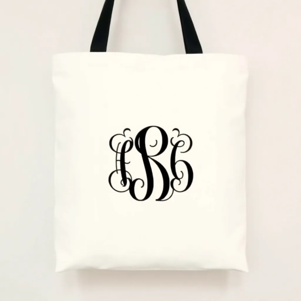 a tote bag with a customized monogram or initials in a bold, cursive font, against a neutral background