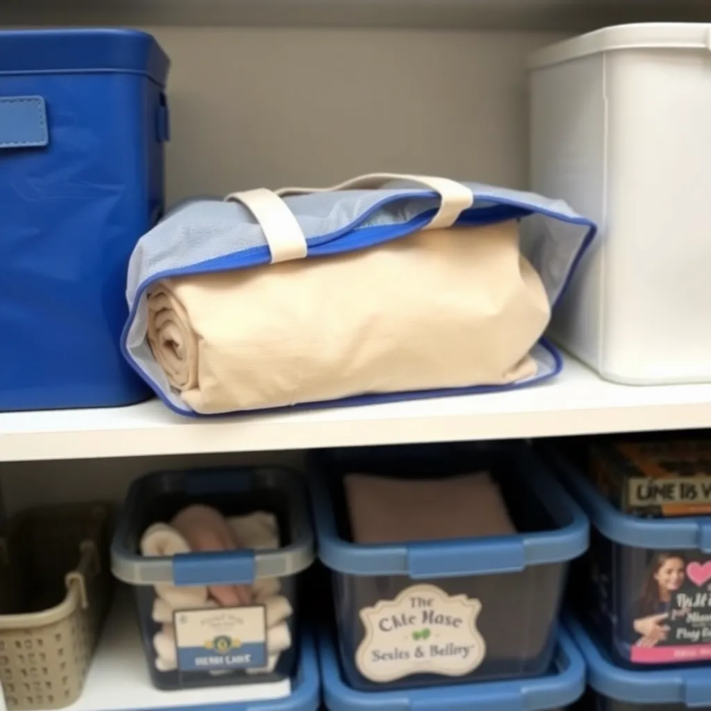 a tote bag rolled up and placed in a breathable storage bag, on a shelf with other neatly organized storage bins