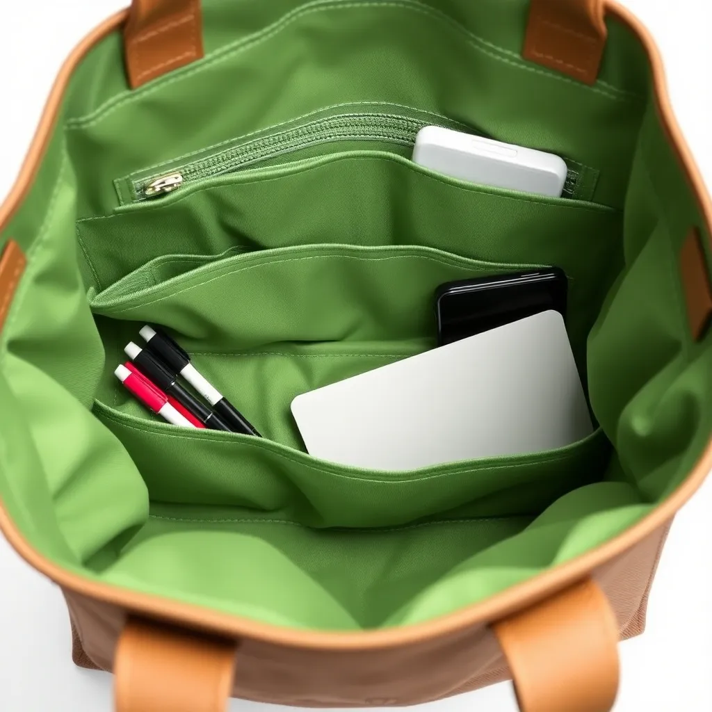 a close-up shot of a tote bag's interior, showcasing multiple compartments, pockets, and dividers, with a few pens, a phone, and a small notebook organized inside