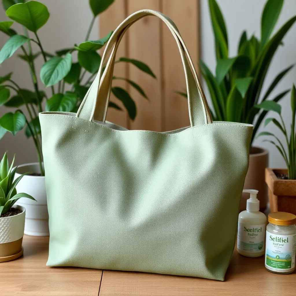 a muted green tote bag with natural fiber textures, placed on a wooden table surrounded by potted plants and a few eco-friendly products