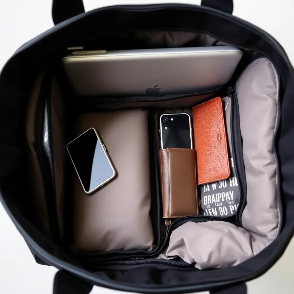 an interior view of a tote bag with packing cubes, pouches, and bags, showcasing a laptop, phone, wallet, and other essentials neatly organized