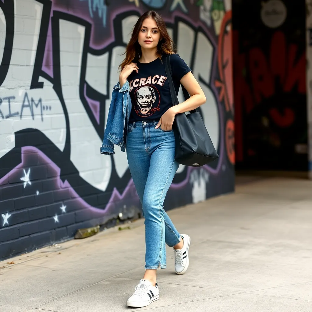 a woman wearing a graphic t-shirt, high-waisted mom jeans, and sneakers, carrying a black tote bag with a denim jacket slung over her shoulder, standing in front of a graffiti wall