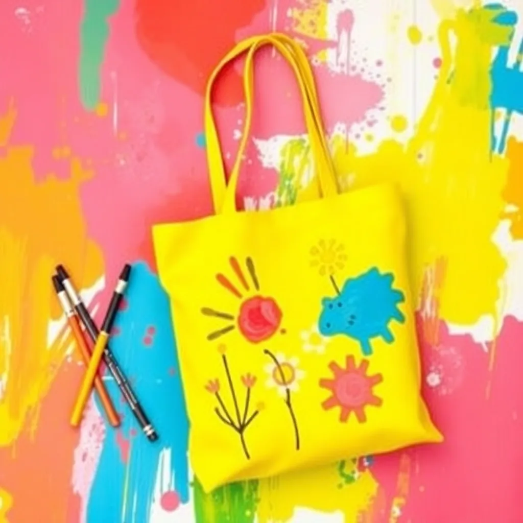 a bright yellow tote bag with colorful, hand-painted designs, placed on a vibrant, abstract background with a few art supplies nearby