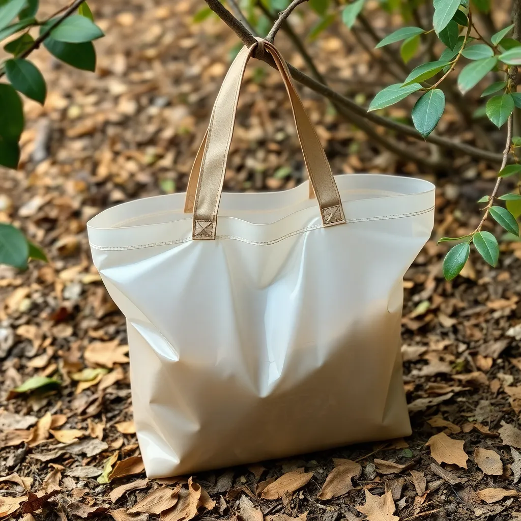 a tote bag made from recycled plastic, shown in a natural, earthy setting with leaves and branches