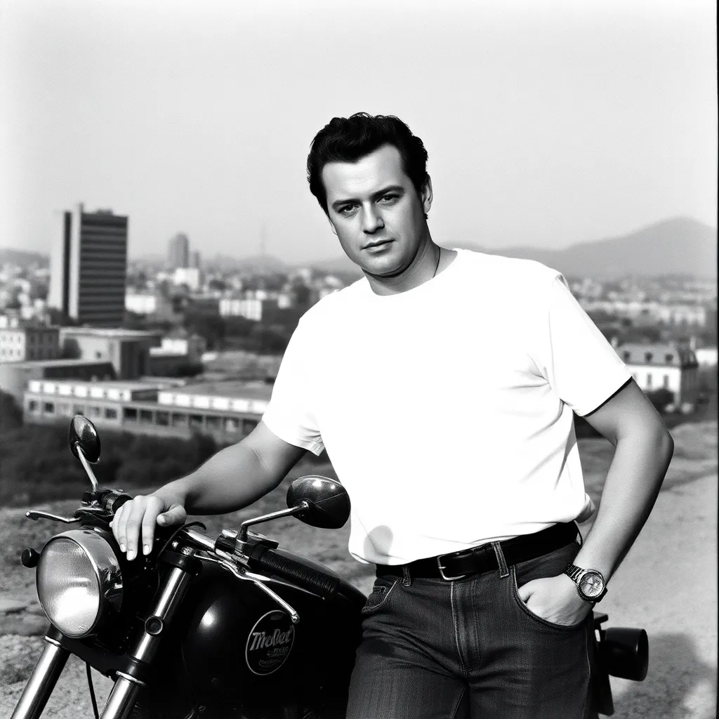 a vintage black and white photograph of Marlon Brando wearing a white T-shirt, leaning against a motorcycle, with a cityscape in the background