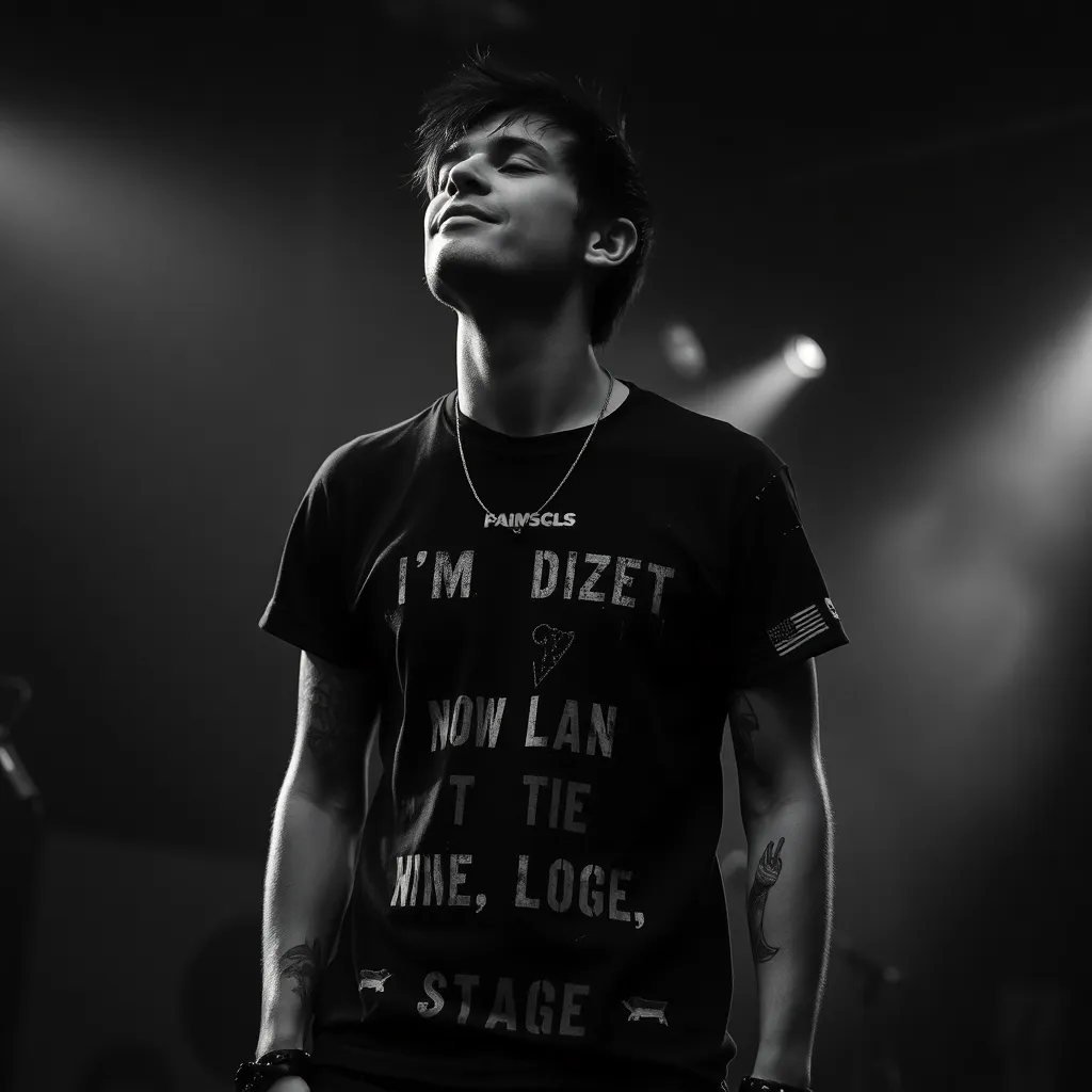 a black and white photograph of a punk rock musician wearing a ripped and DIY-printed T-shirt with a bold, anti-establishment message, in a dimly lit, smoky concert venue