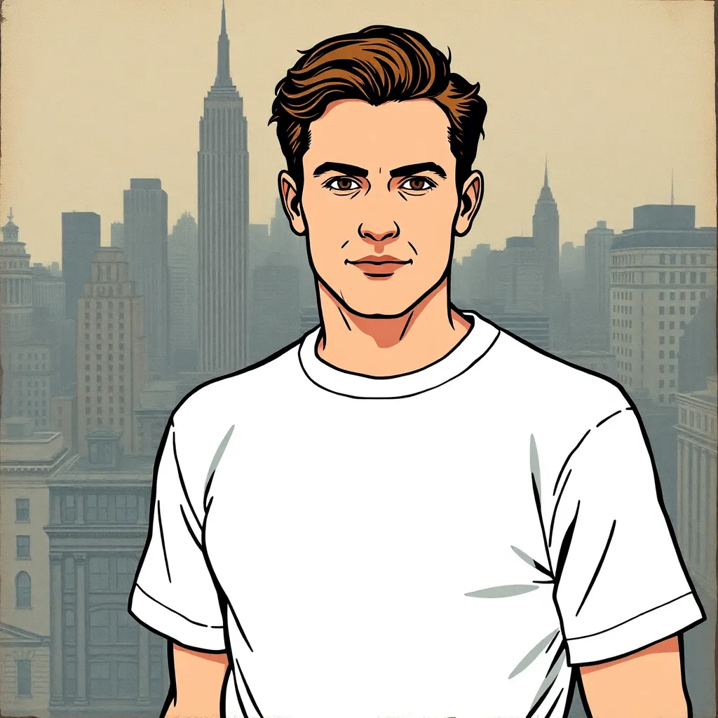 a vintage illustration of a man wearing a plain white T-shirt, set against a backdrop of 1920s-era cityscape