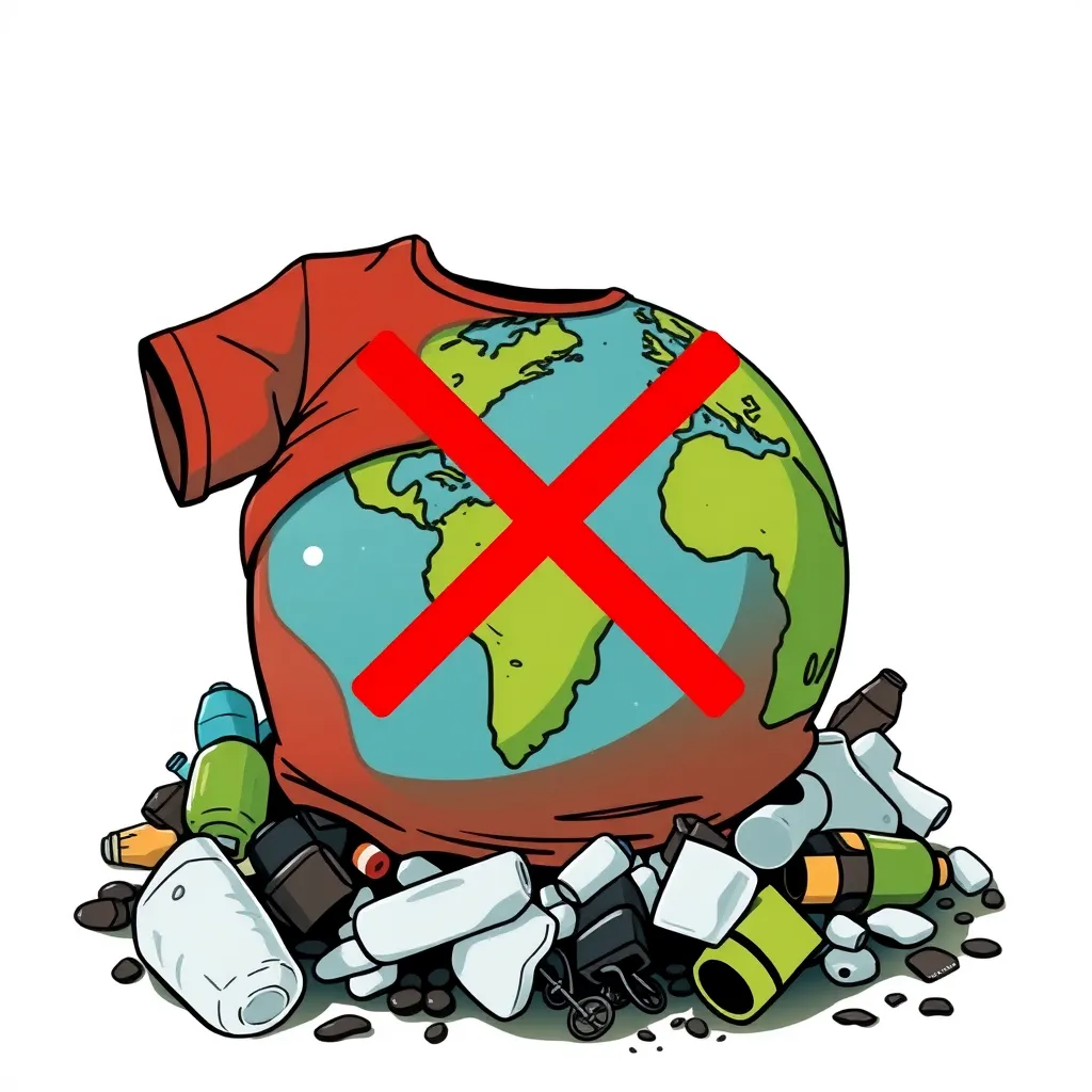 a graphic illustration of a polluted earth with a t-shirt wrapped around it, surrounded by plastic waste and toxic chemicals, with a red 'X' symbol overlaid on top