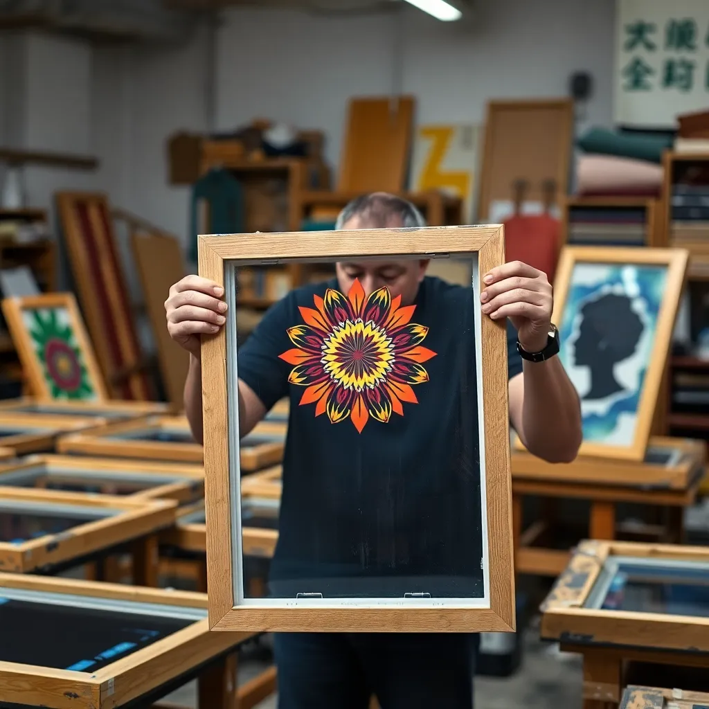 a person holding a screen printing frame with a bright, colorful design, surrounded by screens and ink in a busy workshop