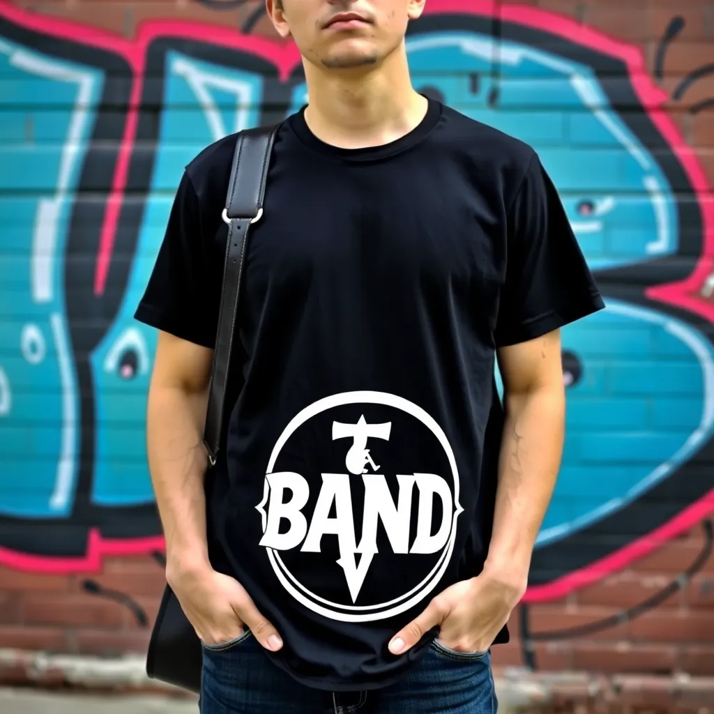 a person wearing a black band tee with a bold, white logo, standing in front of a city street art mural, with a guitar slung over their shoulder
