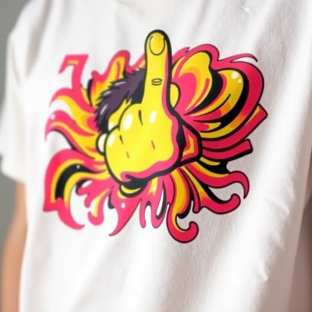 a close-up shot of a T-shirt with a bold, colorful graphic of a cartoon character giving a middle finger, surrounded by bright, swirling patterns