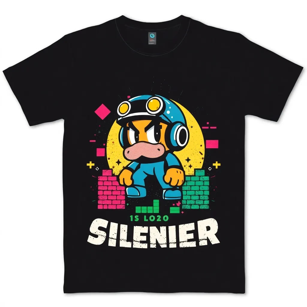 a graphic t-shirt with a distressed print of a 1980s-style video game character, surrounded by pixel art and bold, colorful graphics