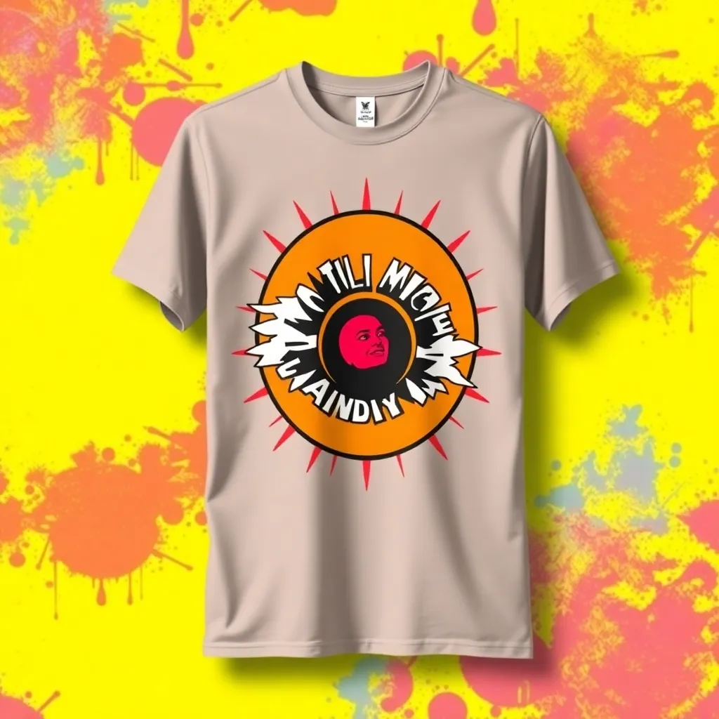 a retro-style graphic T-shirt featuring a pop art-inspired design, set against a bright, colorful background
