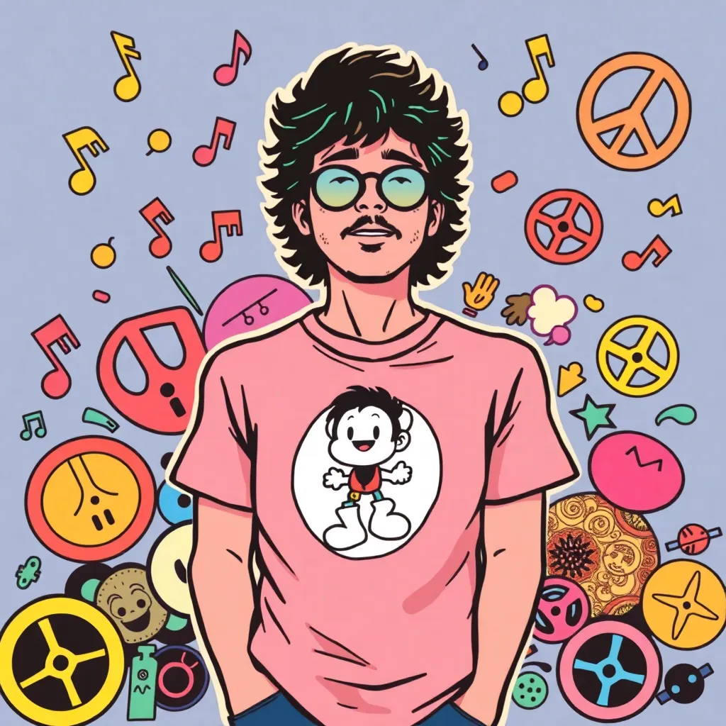 a colorful illustration of a person wearing a T-shirt with a cartoon character on it, surrounded by musical notes, peace signs, and other retro elements