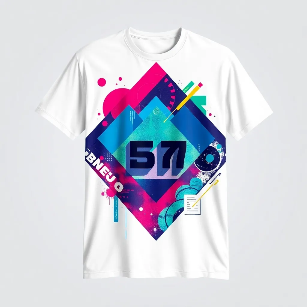 a contemporary graphic t-shirt featuring a vibrant, abstract design with geometric shapes and bold typography