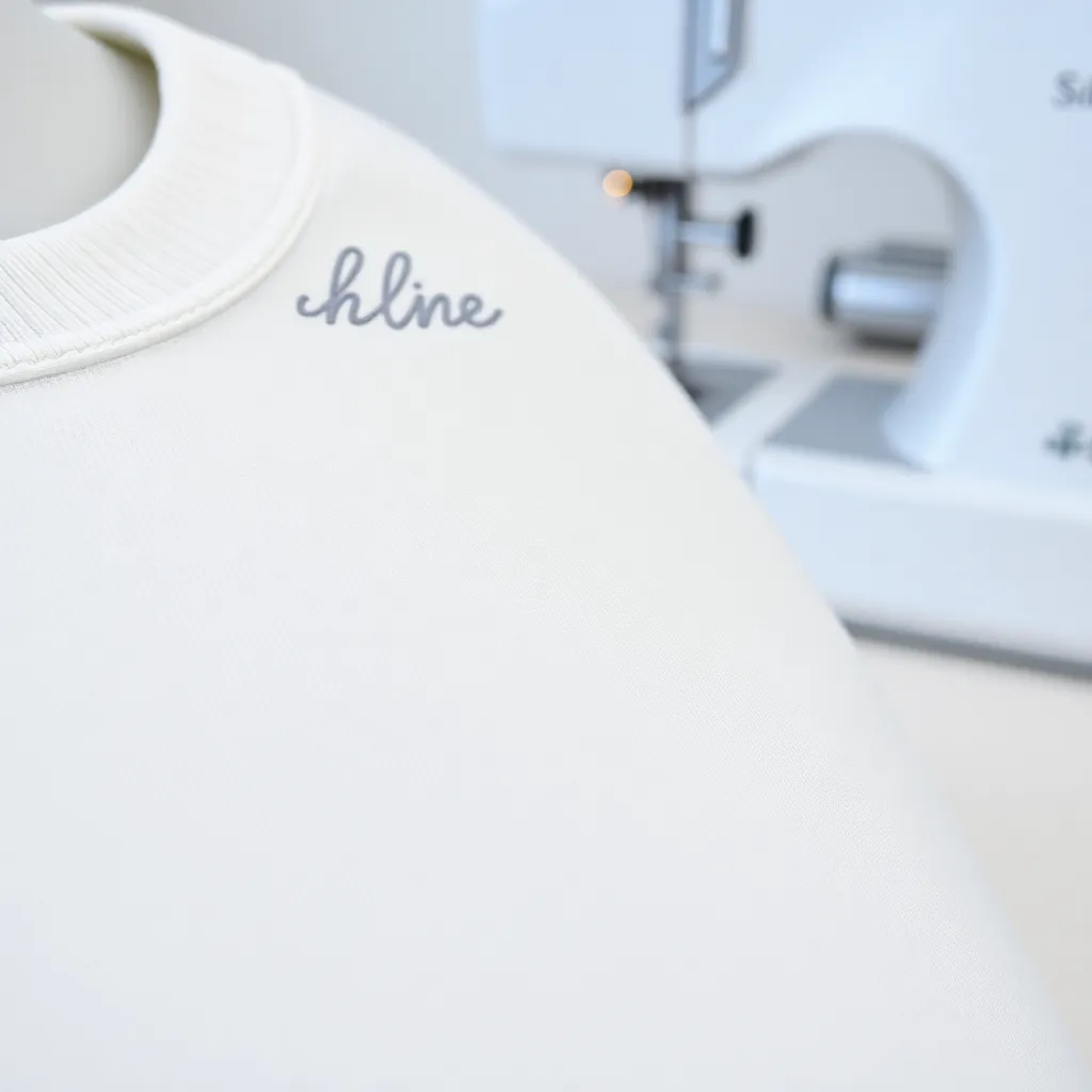 a close-up of an embroidered logo on a white t-shirt, with the threads and stitches visible, against a blurred background of a sewing machine