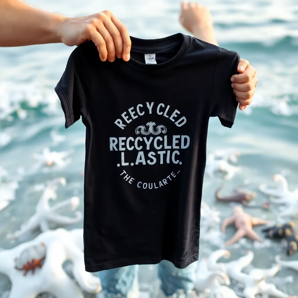 a close-up of a person holding a t-shirt made from recycled plastic, with a subtle background of ocean waves and sea creatures