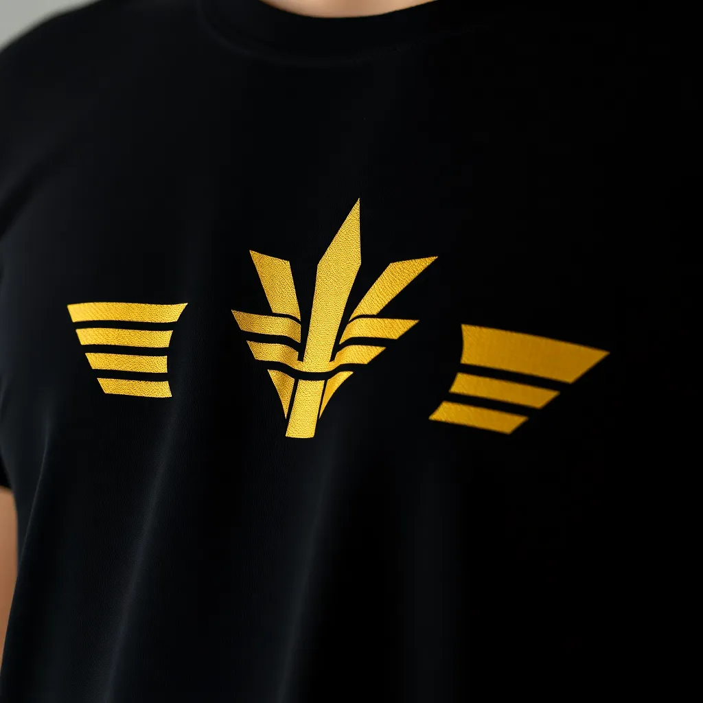 a close-up shot of a vintage logo T-shirt, featuring a bold, gold logo on a black background
