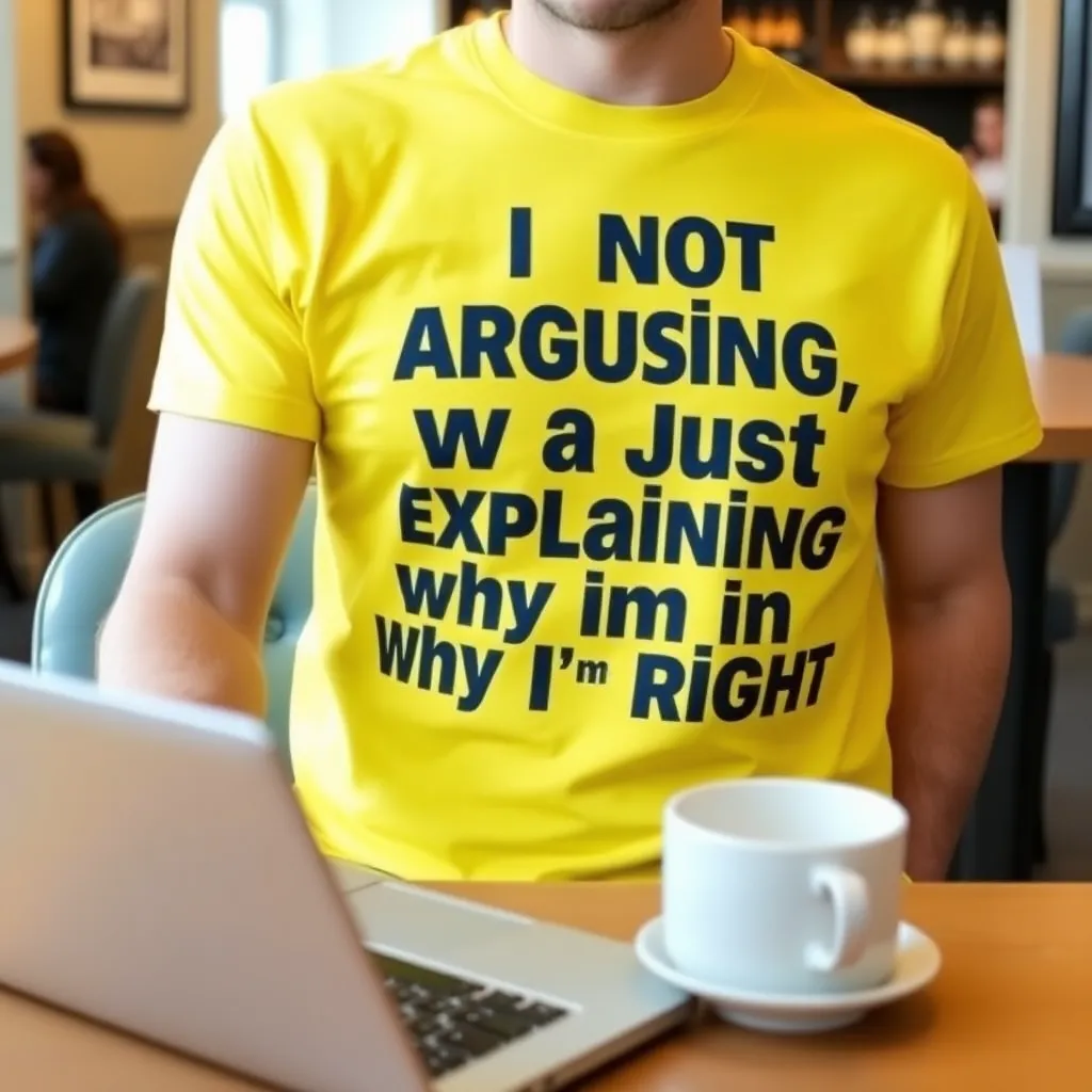 a person wearing a bright yellow tee with a bold, black font saying 'I'm not arguing, I'm just explaining why I'm right', sitting at a coffee shop with a laptop open