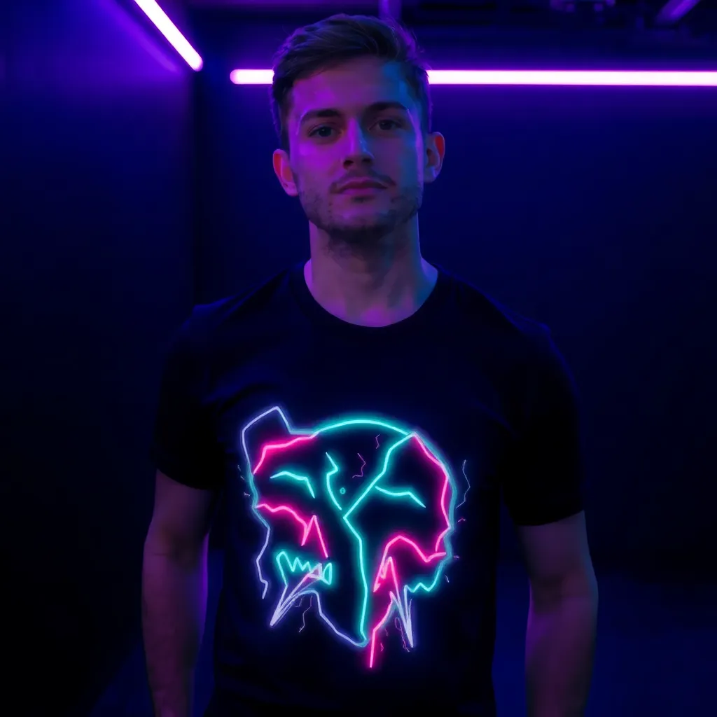 a person wearing a customized t-shirt with a neon-lit design, posing in a dark room with neon lights reflecting off the shirt