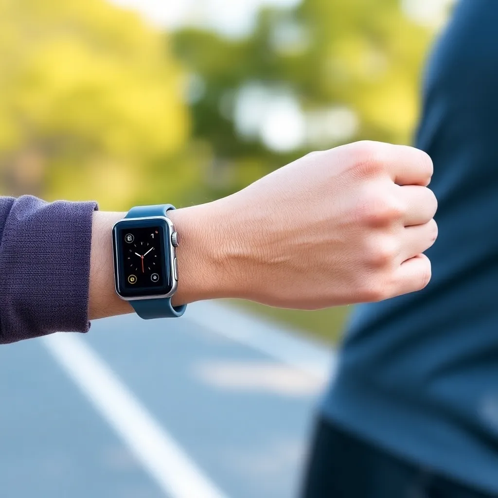 a person running outdoors with a smartwatch on their wrist, wearing a sweat-resistant silicone watch band