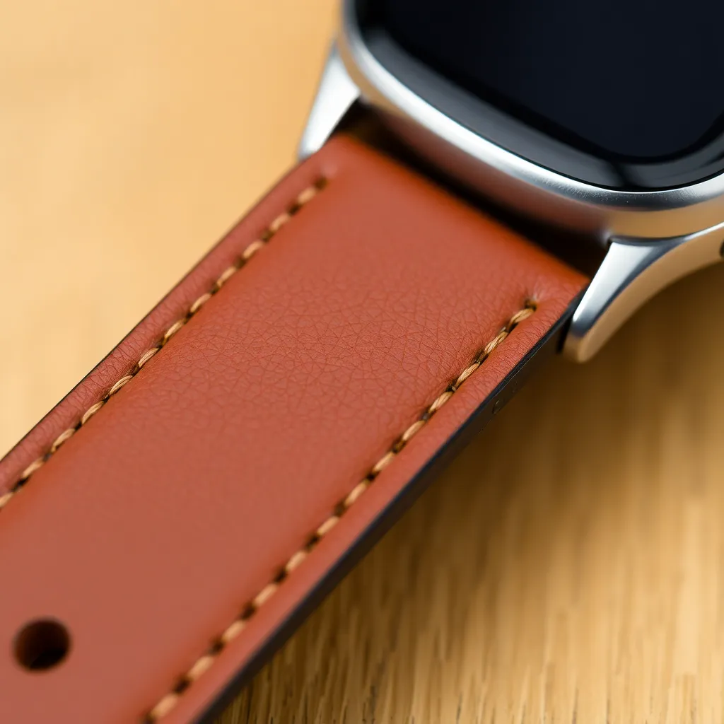a close-up of a brown leather watch band with a subtle texture, paired with a silver smartwatch face