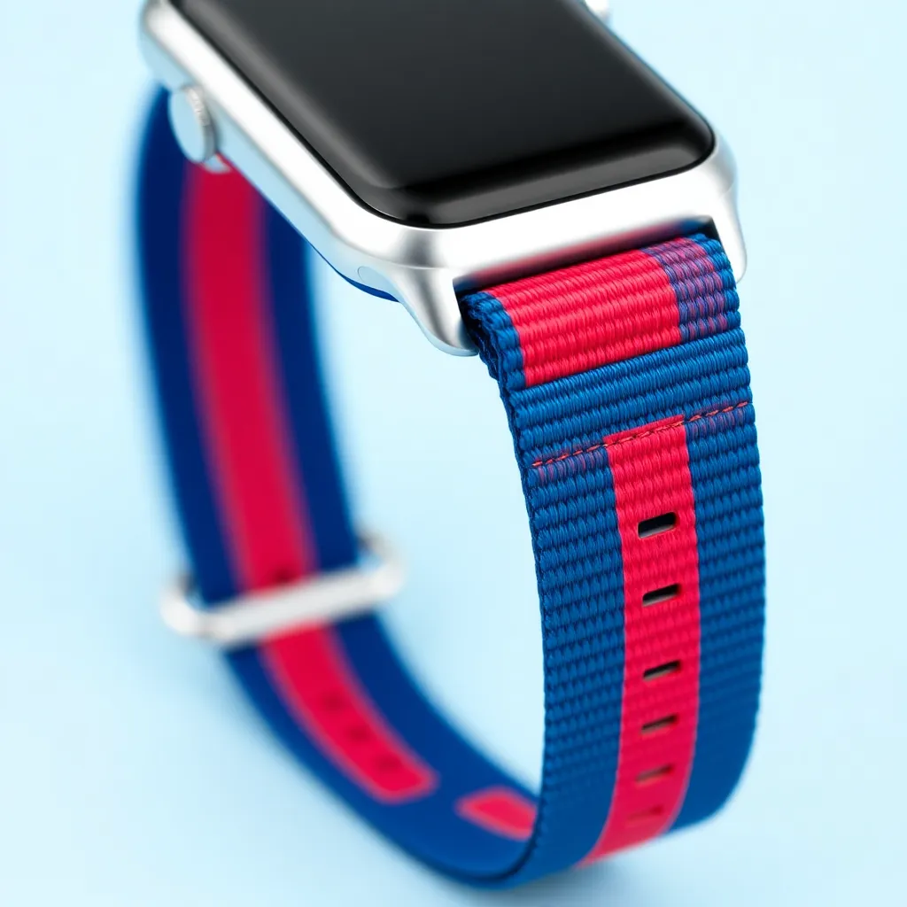 a close-up of a NATO strap in a bold, red and blue stripe pattern, attached to a silver smartwatch
