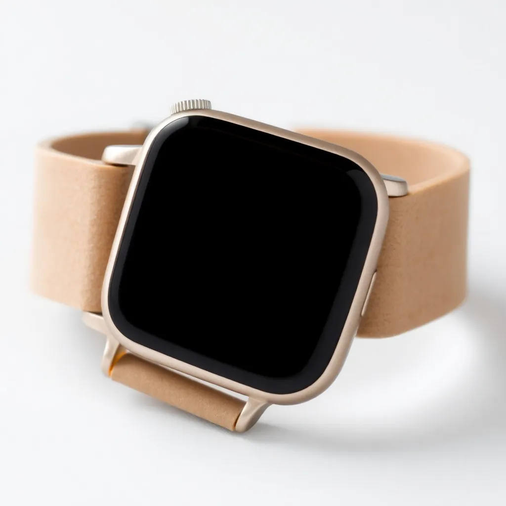 a close-up of a smartwatch band made from recycled plastic, with a subtle texture and a natural, earthy tone