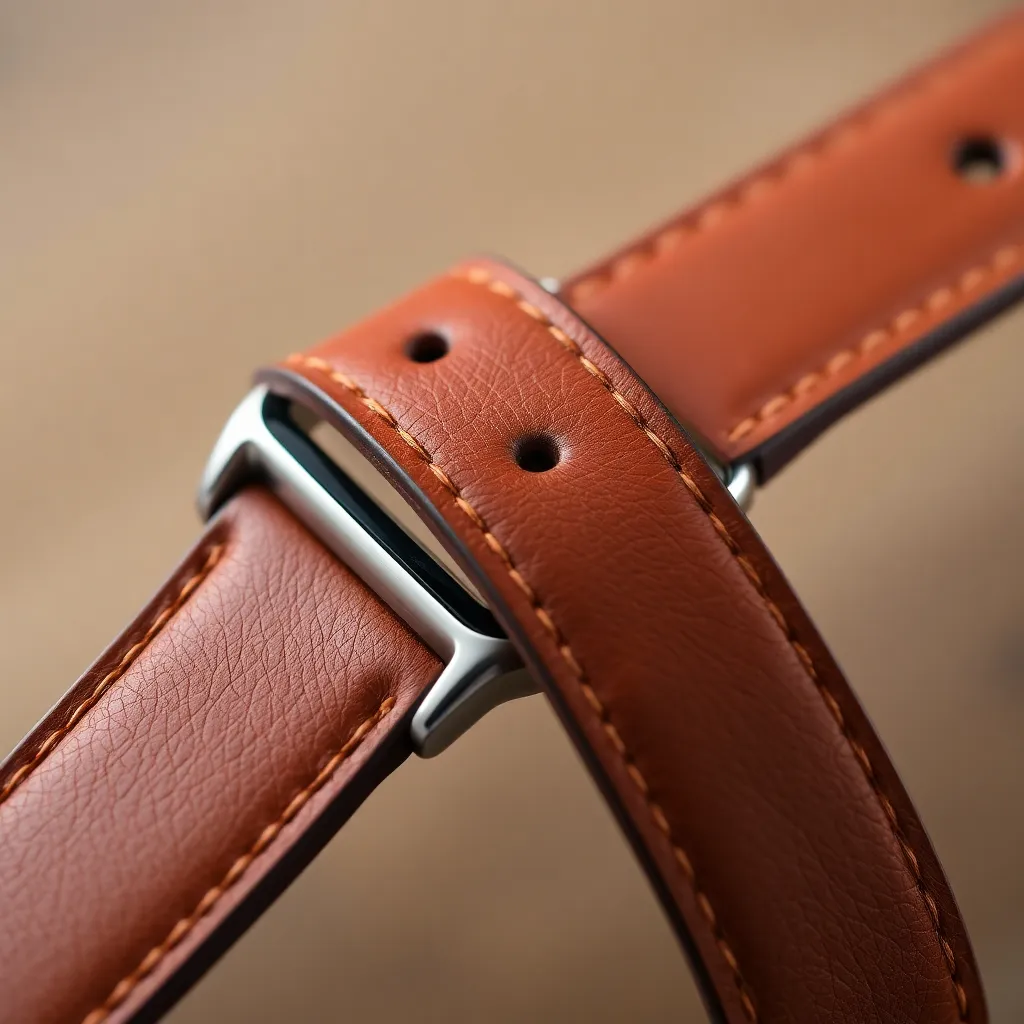 a close-up shot of a leather smartwatch band in a rich brown color, with subtle texture and stitching details