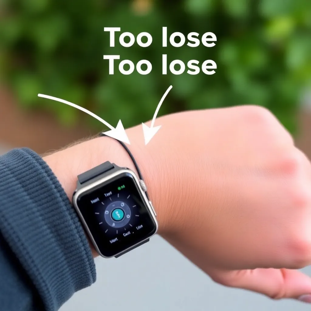 a person wearing a smartwatch with a band that's too loose, with an arrow pointing to the gap between the band and the wrist