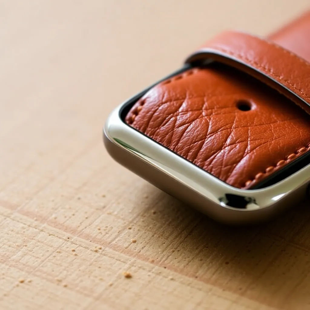a close-up shot of a leather smartwatch band in a rich brown color, showcasing the natural grain and texture of the material