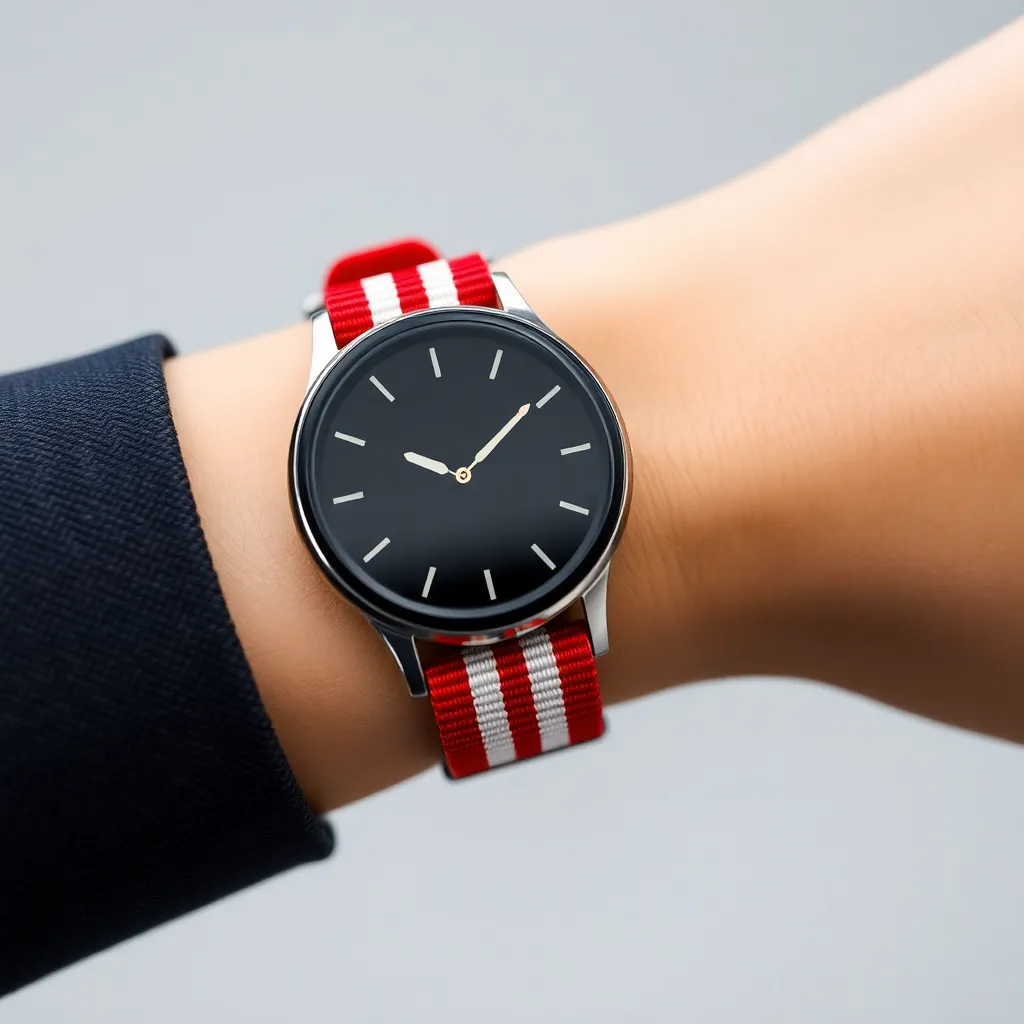 a NATO strap in a bold, red-and-white stripe pattern, paired with a black smartwatch face