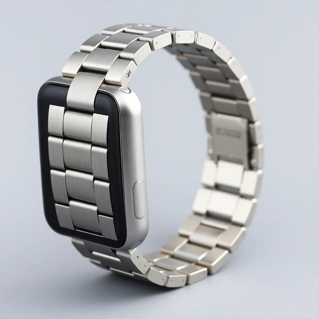a metal smartwatch band with a brushed stainless steel finish, featuring a deployment clasp and intricate link details