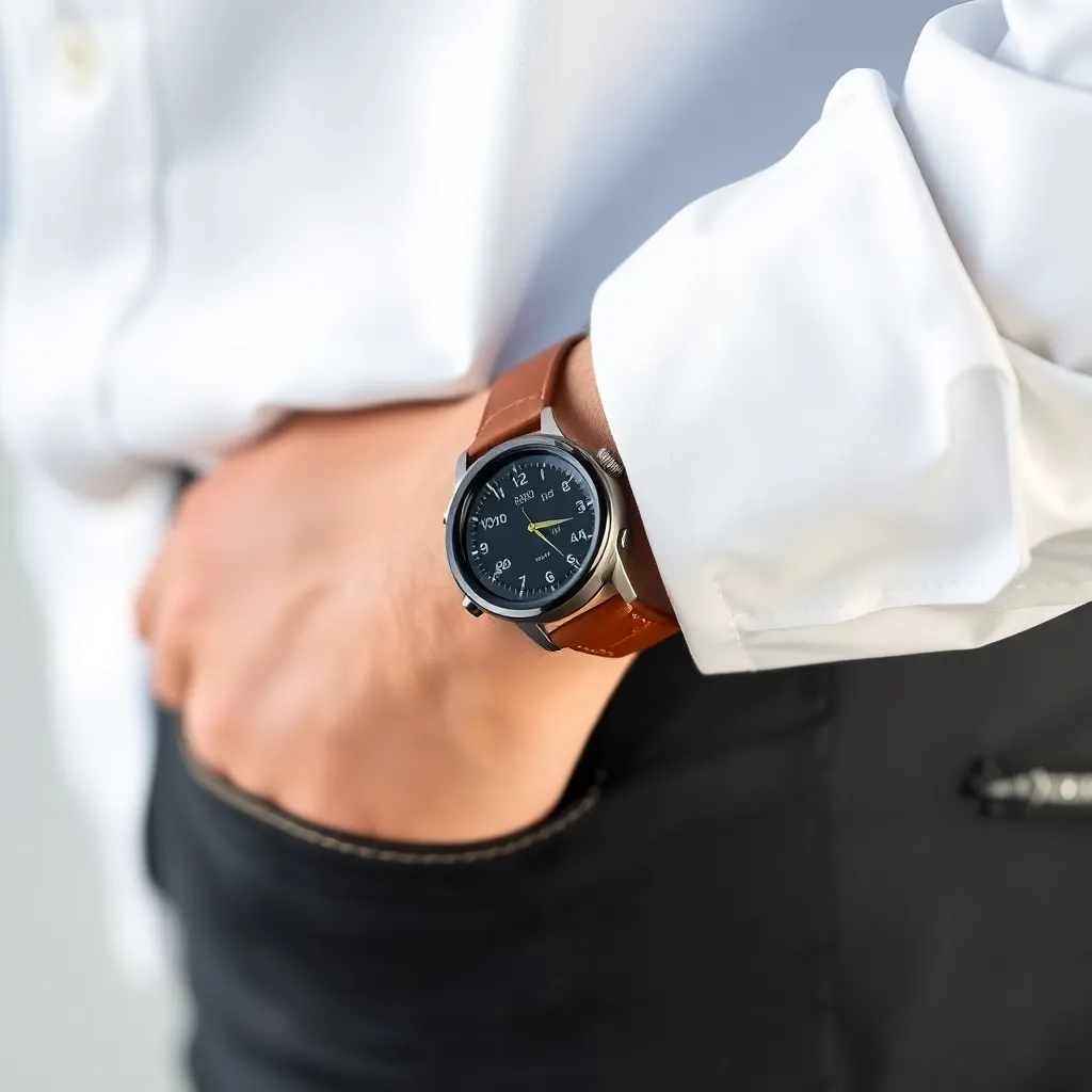 a smartwatch with a brown leather strap, paired with a crisp, white shirt and dark jeans