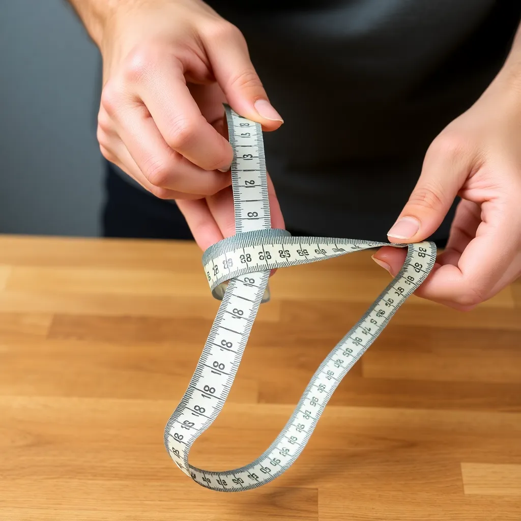 a person wrapping a flexible tape measure around their wrist, with a ruler in the background