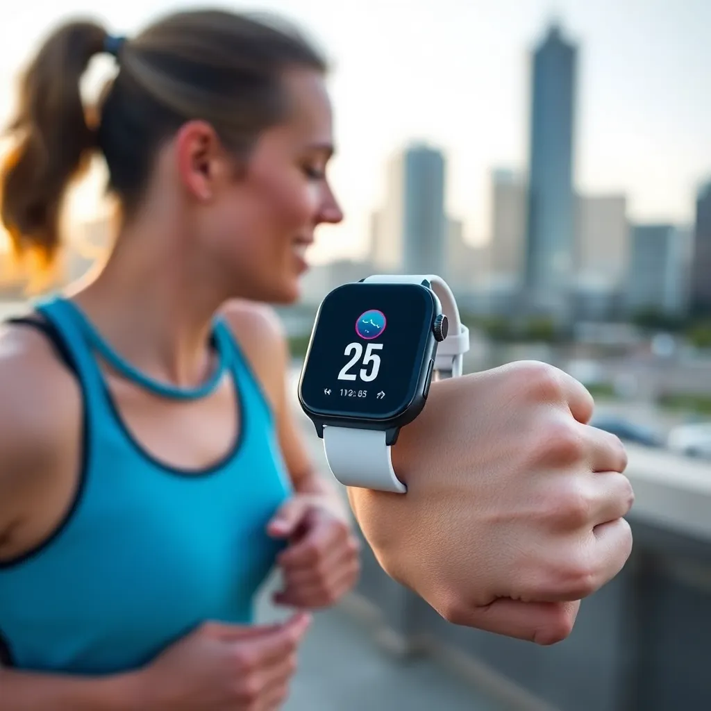 a smartwatch band with a built-in GPS tracker, shown on a runner's wrist during a morning jog, with a cityscape in the background