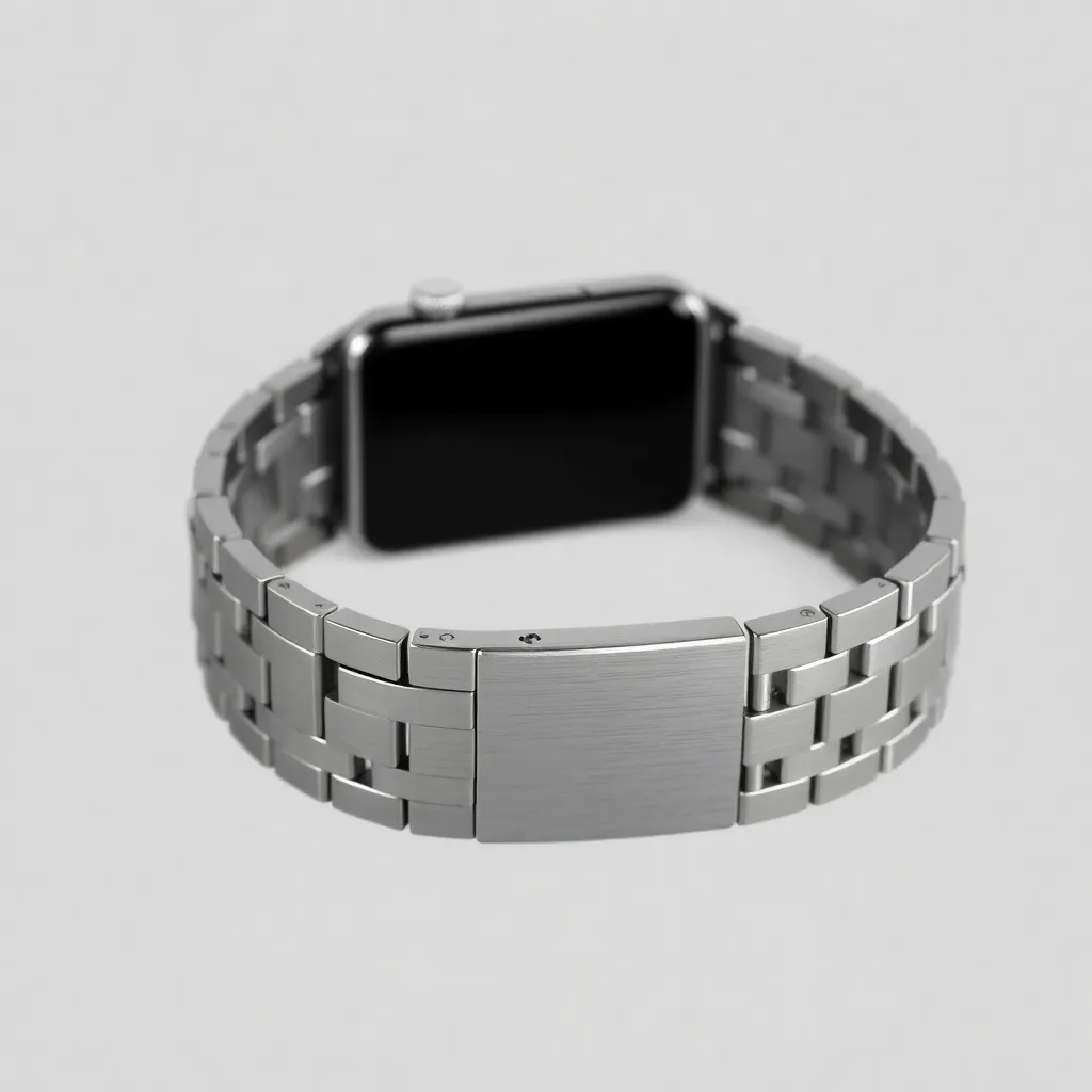 a metal smartwatch band with a brushed finish, showcasing the intricate details and links