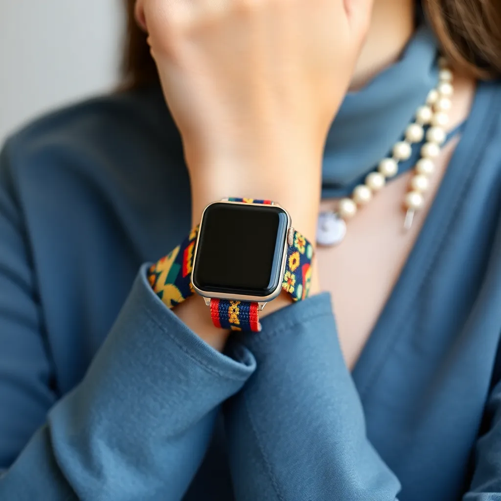 a smartwatch with a colorful fabric watch band, paired with a matching outfit and accessories