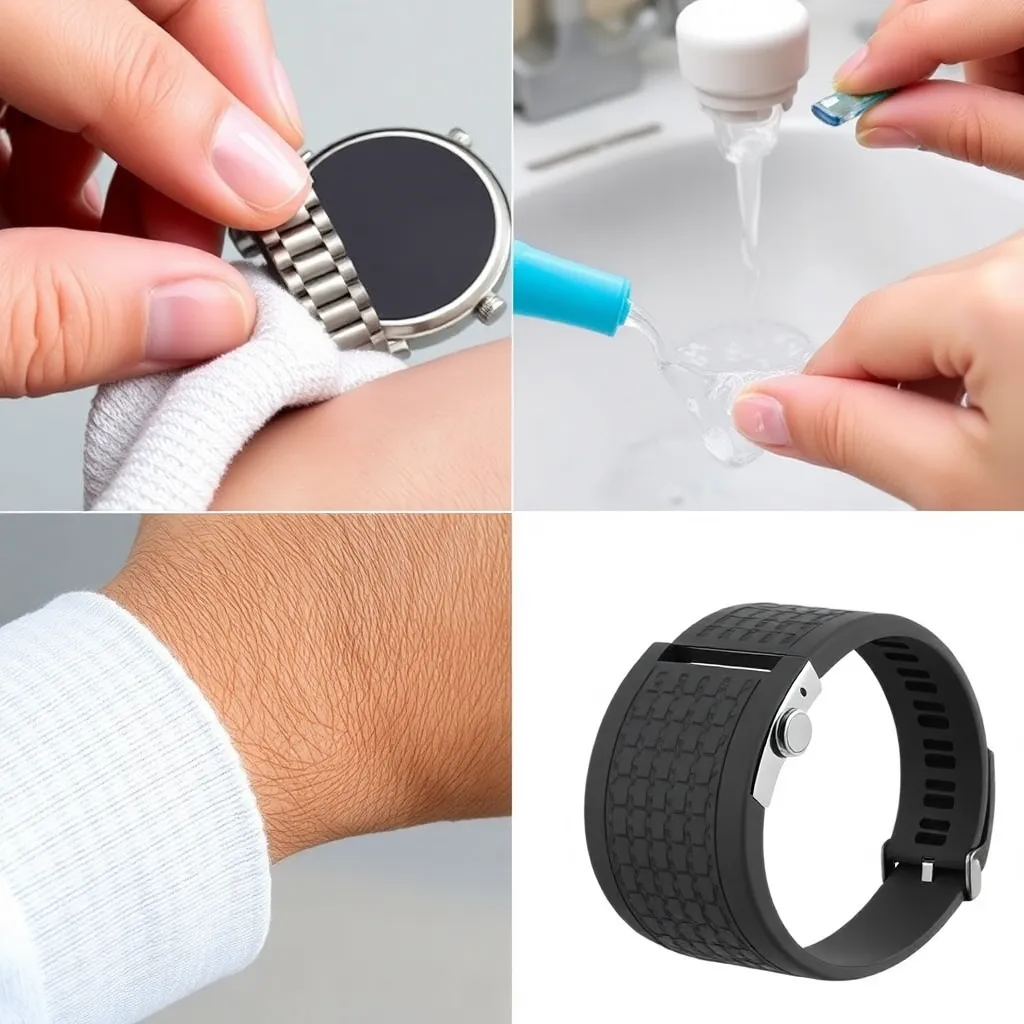 a person gently cleaning a leather watch band with a soft cloth, with a metal and silicone watch band being cleaned with soap and water in the background