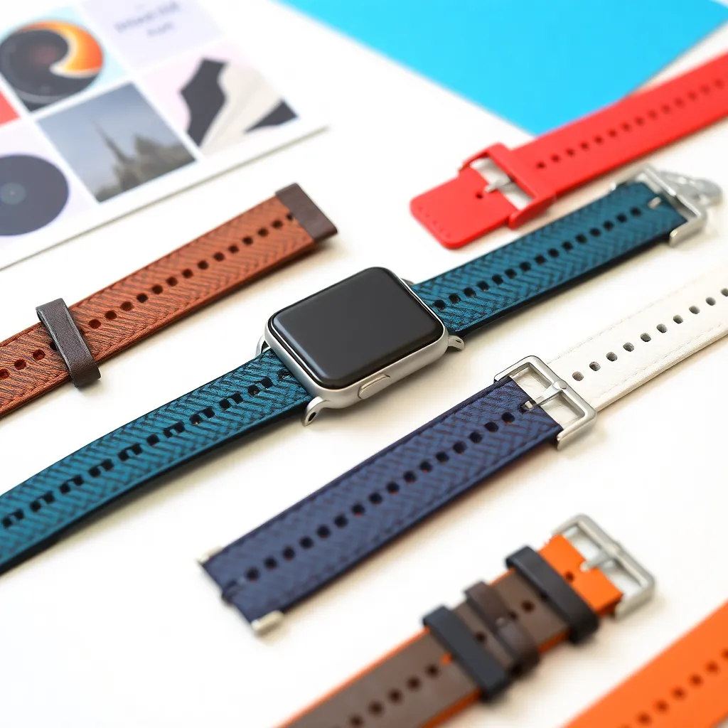 a smartwatch band with interchangeable straps in various colors and patterns, laid out on a table with a few design inspiration cards