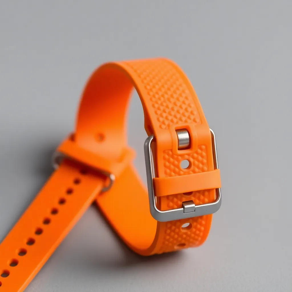 a rubber smartwatch band in a bright orange color, featuring a textured pattern and a simple buckle closure
