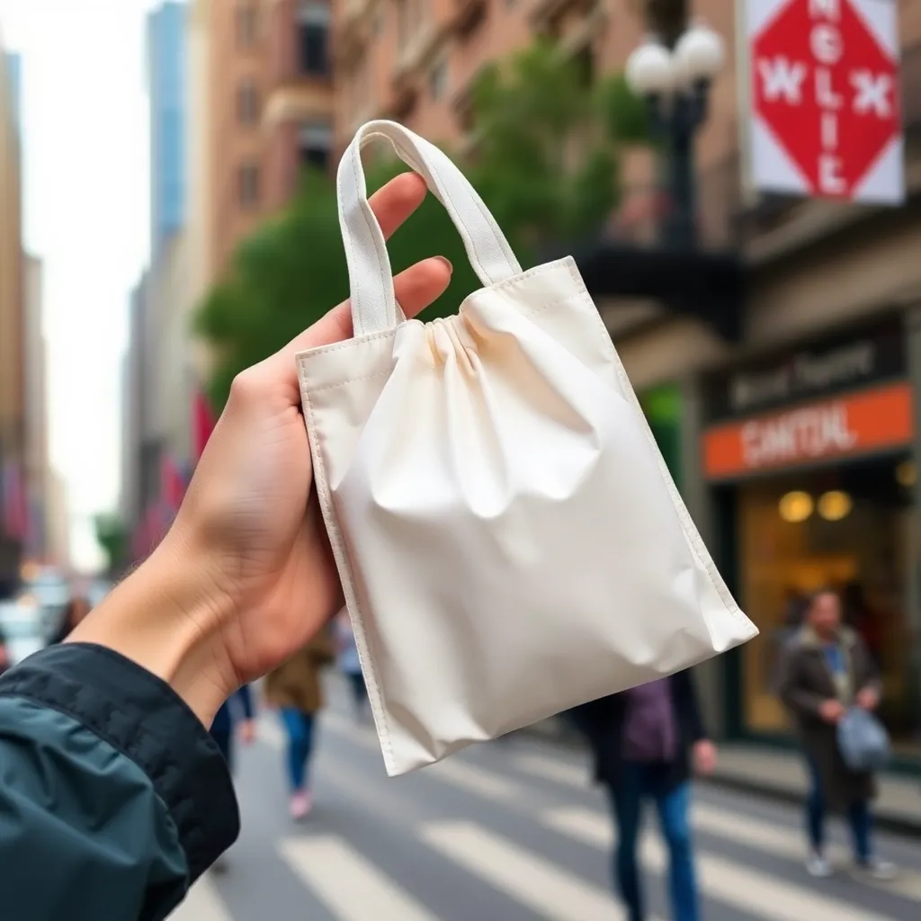 a person holding a compact, folded reusable bag in their hand, with a blurred background of a busy city street