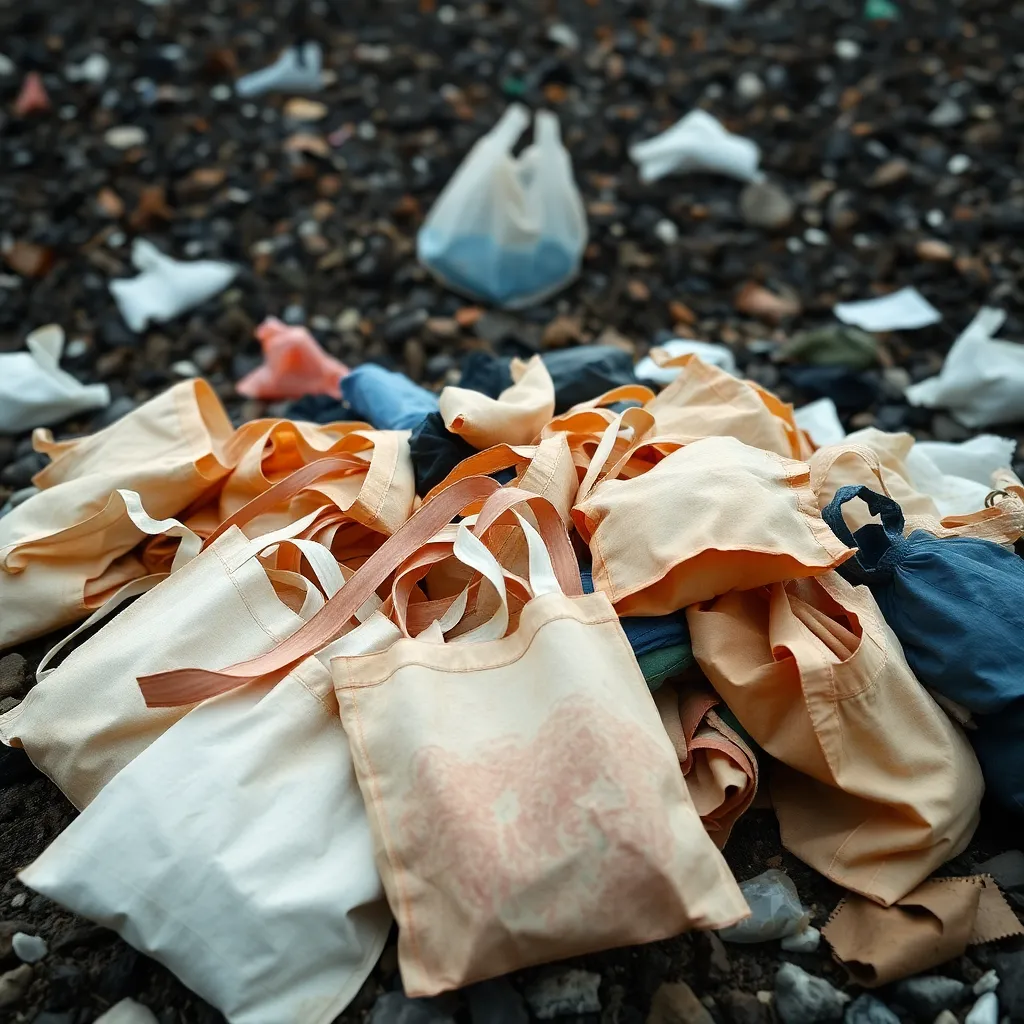 a pile of discarded tote bags in a landfill, with a faint image of a plastic bag in the background, symbolizing the unintended consequences of sustainable choices