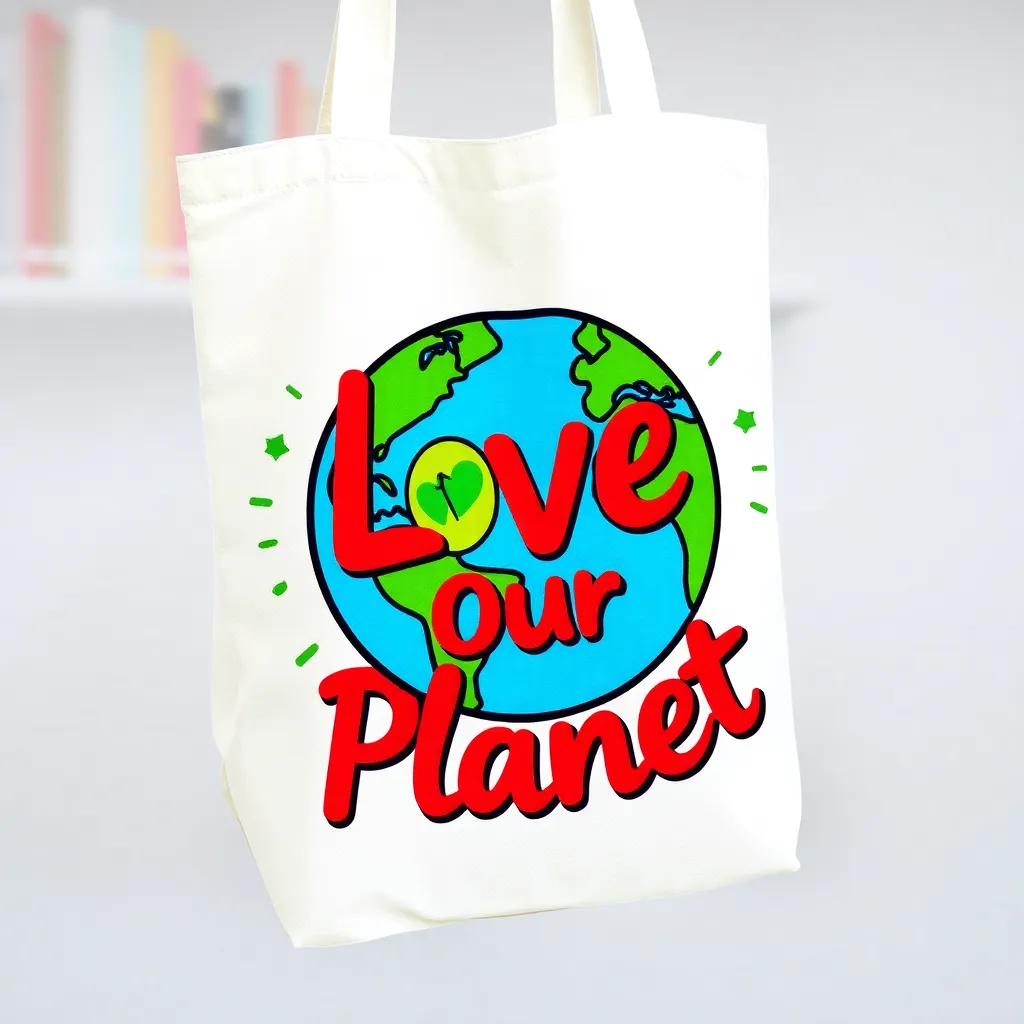 a tote bag with a bold, colorful design featuring a illustration of the Earth with a green heart, surrounded by the text 'Love Our Planet' in a playful, cursive font