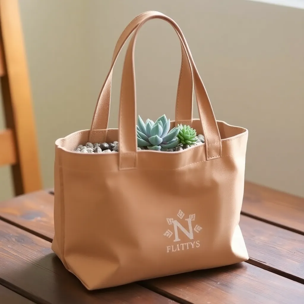 a tote bag converted into a planter, with a small succulent plant and decorative stones, placed on a wooden table
