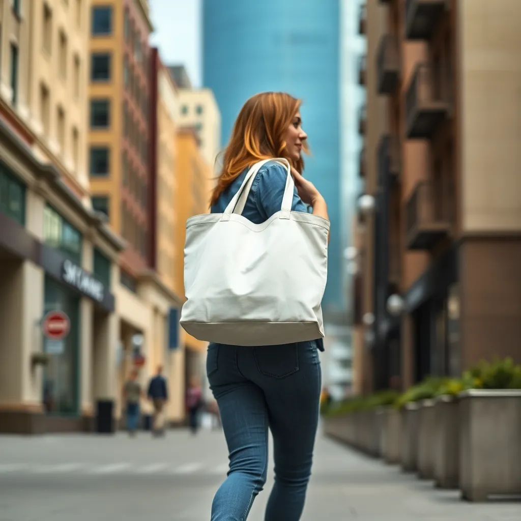 a woman walking down a city street, carrying a crisp white tote bag and wearing a casual yet stylish outfit, with a blurred background of urban buildings