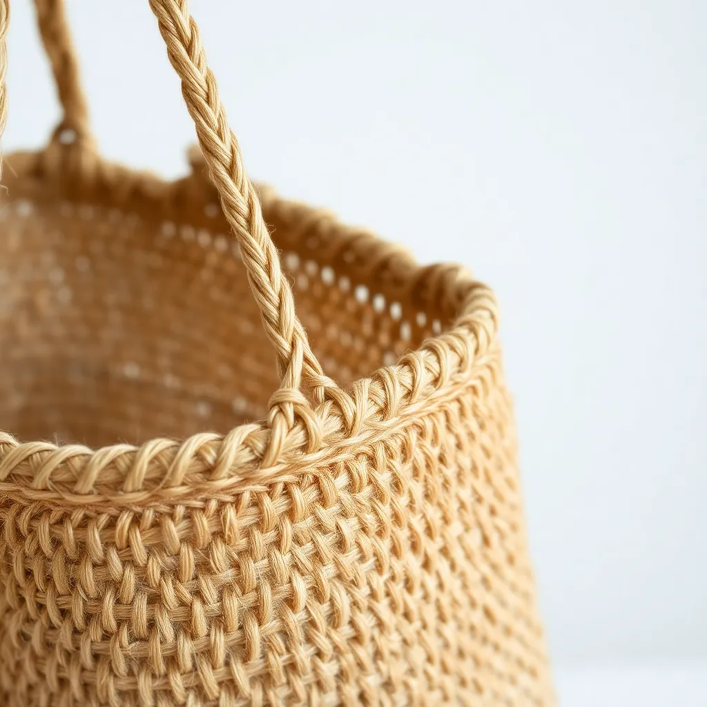 a close-up of a tote bag made from woven jute fibers, with a natural, earthy tone and a subtle texture
