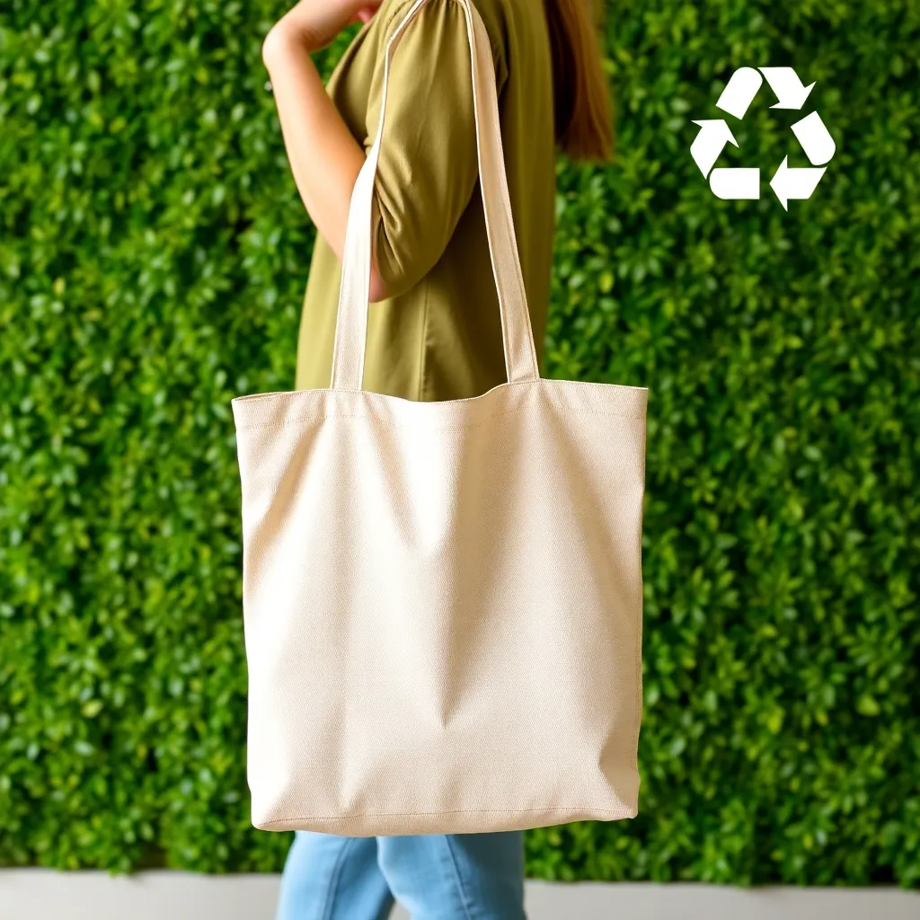 a person holding a tote bag made of natural fibers, standing in front of a lush green background with a subtle recycling symbol