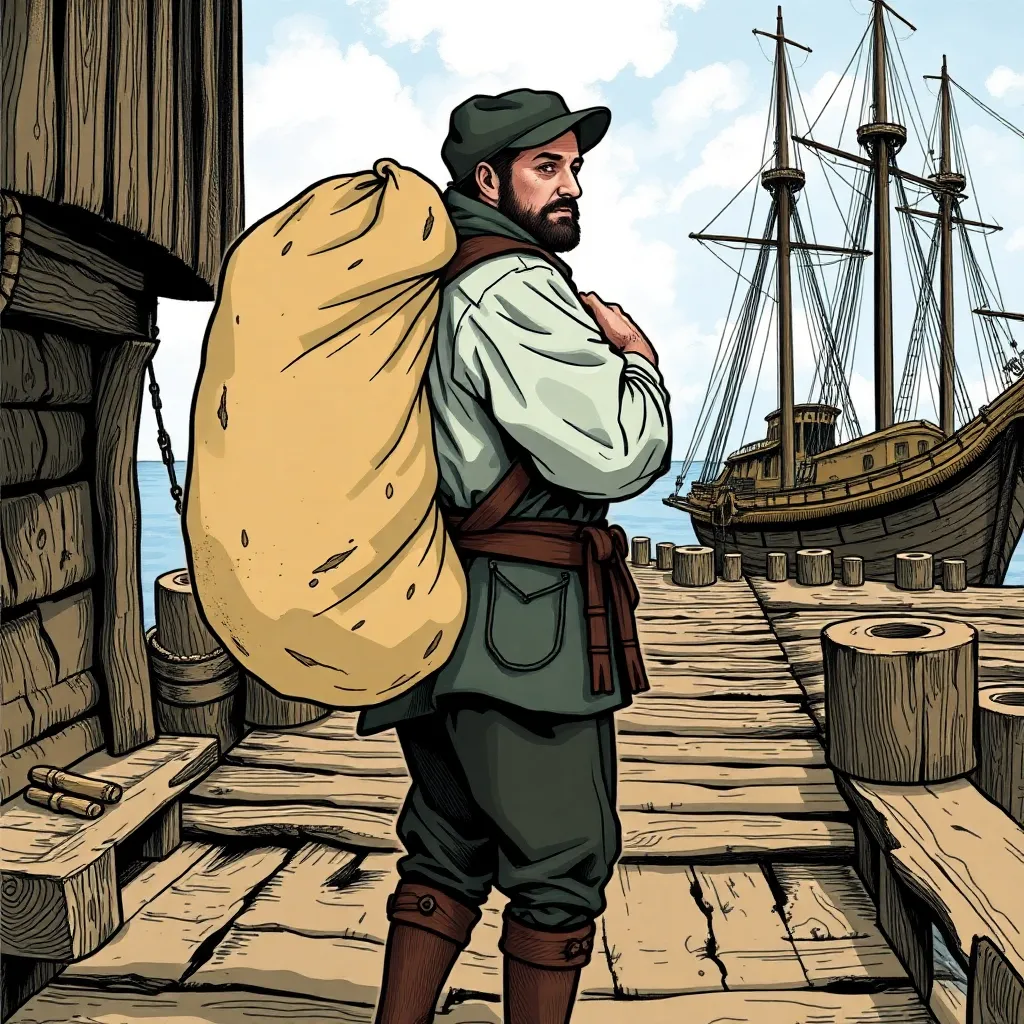 an illustration of a 17th-century sailor carrying a large, worn canvas bag on his back, with a rustic wooden dock and old ships in the background